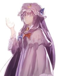 Rule 34 | 1girl, backlighting, crescent, crescent hair ornament, dress, expressionless, hair ornament, hair ribbon, hat, long hair, looking at viewer, mob cap, patchouli knowledge, purple eyes, purple hair, ribbon, sideways glance, simple background, solo, touhou, tress ribbon, upper body, very long hair, white background, yamamomo (plank)