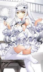 Rule 34 | 1girl, alternate costume, ass, breasts, casul, detached sleeves, dress, enmaided, melusine (fate), fate/grand order, fate (series), feet, forked eyebrows, frilled dress, frills, highres, looking at viewer, maid, maid headdress, no shoes, panties, sidelocks, small breasts, solo, thighhighs, twintails, underwear, white dress, white hair, white panties, yellow eyes