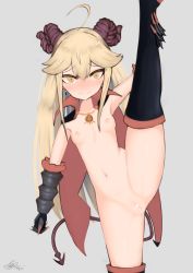 Rule 34 | 1girl, ahoge, bar censor, blonde hair, boots, breasts, cape, censored, demon horns, demon tail, female focus, gauntlets, grey background, highres, horns, long hair, looking at viewer, naked cape, nao salad, original, pussy, simple background, small breasts, smile, solo, split, standing, standing on one leg, standing split, tail, thigh boots, thighhighs, yellow eyes
