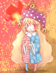 Rule 34 | 1girl, @ @, aged down, american flag legwear, american flag print, american flag shirt, bad id, bad pixiv id, blonde hair, blush stickers, clownpiece, fire, halftone, halftone background, hat, jester cap, long hair, long sleeves, matches, multicolored background, open mouth, pantyhose, print shirt, satorichan, solo, striped clothes, striped pantyhose, tanabata, touhou, very long hair, wide sleeves