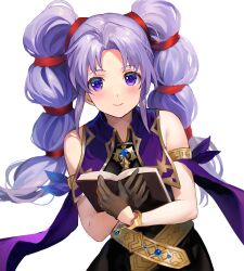 Rule 34 | 1girl, armlet, black dress, black gloves, blush, book, commentary, dress, fire emblem, fire emblem: genealogy of the holy war, gloves, highres, holding, holding book, jurge, long hair, looking at viewer, nintendo, purple eyes, purple hair, simple background, sleeveless, sleeveless dress, solo, tine (fire emblem), twintails, upper body, very long hair, white background