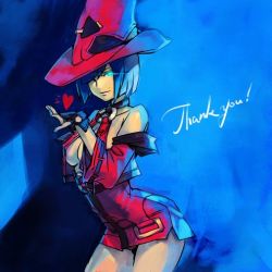 Rule 34 | arc system works, bare shoulders, black hair, blue eyes, breasts, center opening, cleavage, fingerless gloves, gloves, glowing, glowing eye, guilty gear, hat, heart, hungry clicker, i-no, large breasts, red hat, solo, witch hat