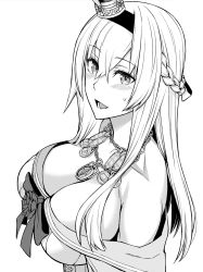 Rule 34 | 1girl, blush, braid, breasts, cleavage, collarbone, crown, dress, flower, french braid, greyscale, hair between eyes, hairband, highres, jewelry, kantai collection, large breasts, long hair, mini crown, monochrome, necklace, off-shoulder dress, off shoulder, open mouth, ribbon, rose, simple background, solo, upper body, uron-rei, warspite (kancolle), white background