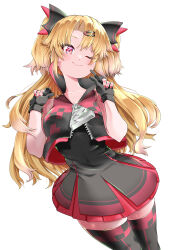 Rule 34 | 1girl, absurdres, akatsuki uni, black gloves, black thighhighs, blonde hair, collared jacket, commentary request, cowboy shot, finger to cheek, gloves, hair ornament, hairclip, highres, jacket, long hair, looking at viewer, nail polish, one eye closed, oversized zipper, partially fingerless gloves, red eyes, red nails, smile, solo, thighhighs, two side up, uni create, virtual youtuber, yunagi921, zettai ryouiki