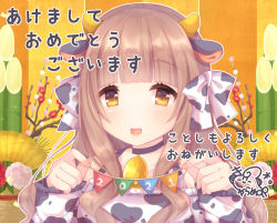Rule 34 | 1girl, :d, animal ears, animal print, bare shoulders, bell, black choker, blush, bow, breasts, brown eyes, brown hair, caramel (caramelmilk), choker, commentary request, cow ears, cow horns, cow print, detached sleeves, hair bow, hands up, holding, horns, kadomatsu, long hair, long sleeves, medium breasts, neck bell, new year, open mouth, original, pennant, print bow, print sleeves, signature, sleeveless, sleeves past wrists, smile, solo, string of flags, translation request, upper body, white bow, white sleeves