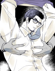 Rule 34 | 2boys, arms up, bara, blush, disembodied hand, facial hair, glasses, goatee, grabbing, grabbing from behind, hair slicked back, highres, jacket, jacket partially removed, kamatantantan, kiryu kazuma, looking at viewer, male focus, mature male, monochrome, multiple boys, muscular, muscular male, necktie, parted lips, partially undressed, pectoral grab, pectorals, ryuu ga gotoku (series), ryuu ga gotoku 7 gaiden, shirt, short hair, sideburns, solo focus, spot color, sweatdrop, upper body, yaoi