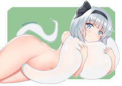 Rule 34 | 1girl, artist request, black hairband, blue eyes, bow, completely nude, feet out of frame, ghost, hair bow, hairband, hip bones, hug, konpaku youmu, konpaku youmu (ghost), looking at viewer, lying, navel, nude, on side, ribbon, short hair, signature, silver hair, simple background, smile, solo, thighs, touhou