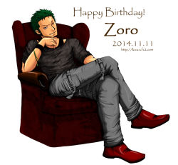 Rule 34 | 10s, 1boy, 2014, birthday, chair, character name, earrings, green hair, jewelry, male focus, one piece, red footwear, red upholstery, roronoa zoro, shoes, sitting, solo, thigh strap