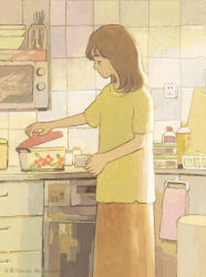 Rule 34 | 1girl, artist name, brown hair, cabinet, cooking, cooking pot, counter, day, floral print, holding, indoors, kitchen, medium hair, microwave, original, oven, shirt, solo, standing, stove, yeyuan33