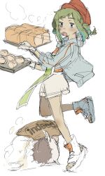 1boy 1girl apron aqua_hair aqua_hood aqua_jacket aqua_sleeve_cuffs arms_up bag black_outline bow bowtie bread bread_bun brown_bag brown_fur cabbie_hat commentary_request concept_art double_bun flour food from_side full_body gloves gr_7 green_apron green_hair hair_bun half_updo hat hedgehog hedgehog_boy highres holding holding_bag holding_tray hood hood_down jacket leg_up loaf_of_bread looking_at_viewer multicolored_hair neko_reset_(zutomayo) nira-chan nira-chan_(part-timer)_(neko_reset)_(zutomayo) official_art open_clothes open_jacket open_mouth orange_shirt orange_stripes outline patissier plastic_gloves pocket production_art red_hat see-through_apron see-through_clothes shirt short_hair shorts side_slit side_slit_shorts sidelocks simple_background single_vertical_stripe sketch sleeve_cuffs three-quarter_sleeves streaked_hair striped_clothes teeth toeless_footwear toes tray two-tone_hair two_side_up uniguri_(zutomayo) upper_teeth_only vertical-striped_clothes vertical-striped_sleeves walking white_background white_footwear white_gloves white_shorts zutto_mayonaka_de_ii_no_ni