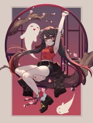 Rule 34 | 1girl, arm up, armpits, bare arms, barefoot, black nails, black shorts, branch, brown hair, chinese clothes, feet, genshin impact, ghost, highres, hu tao (genshin impact), k-rha&#039;s, legs, looking at viewer, midriff, nail polish, navel, parted lips, red eyes, red shirt, shirt, shoes, short shorts, shorts, sitting, sleeveless, sleeveless shirt, smile, socks, soles, stretching, thighs, toes, twintails