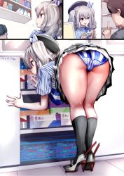 Rule 34 | 10s, 1boy, 1girl, :d, ass, barcode scanner, bent over, breasts, collared shirt, dress shirt, employee uniform, from behind, hat, high heels, highres, kantai collection, kashima (kancolle), kneepits, large breasts, lawson, miniskirt, open mouth, panties, pleated skirt, sequential, shelf, shirt, short sleeves, silver hair, skirt, smile, solo focus, souryu, standing, store clerk, twintails, underwear, uniform, upskirt, wavy hair