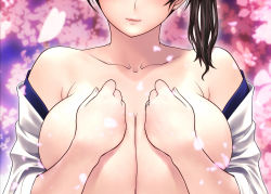 Rule 34 | 10s, 1girl, bare shoulders, blurry, breasts, brown hair, cleavage, collarbone, covering privates, covering breasts, depth of field, facing viewer, head tilt, highres, japanese clothes, jewelry, kaga (kancolle), kantai collection, kimono, no bra, open clothes, open kimono, out of frame, outdoors, outline, ring, shoumaru (gadget box), side ponytail, smile, solo, wedding band