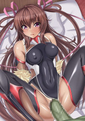 Rule 34 | 1boy, 1girl, absurdres, ass, bare shoulders, bed, breasts, brown hair, censored, colored skin, covered erect nipples, dark-skinned female, dark skin, embarrassed, green skin, hair ribbon, hetero, highleg, highleg leotard, highres, interspecies, leotard, looking at another, looking at viewer, missionary, mizuki yukikaze, moaning, nipples, on bed, one-piece tan, parapetto, penis, pillow, purple eyes, pussy, ribbon, sex, shiny clothes, shiny skin, taimanin (series), taimanin suit, taimanin yukikaze, tan, tanline, vaginal, wide hips