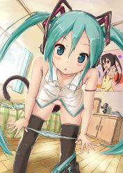 Rule 34 | 1girl, aqua eyes, aqua hair, bedroom, blush, bottomless, cat tail, face, hachune miku, hatsune miku, highres, indoors, k-on!, lat model (mikumikudance), long hair, miu (angelo whitechoc), nakano azusa, panties, panty pull, poster (medium), poster (object), pussy, solo, striped clothes, striped panties, tail, thighhighs, tissue, tissue box, twintails, uncensored, underwear, undressing, vocaloid