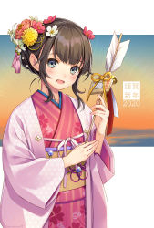 Rule 34 | 1girl, 2020, :d, arrow (projectile), black hair, blue eyes, blush, braid, commentary request, floral print, flower, hair flower, hair ornament, hamaya, holding, holding arrow, japanese clothes, kimono, long sleeves, looking at viewer, ne-on, obi, open clothes, open mouth, original, pink flower, pink kimono, print kimono, red flower, sash, sidelocks, smile, solo, striped clothes, striped kimono, vertical-striped clothes, vertical-striped kimono, white flower, wide sleeves, yellow flower