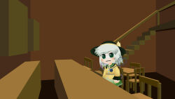Rule 34 | 1girl, :|, bar (place), blush, bow, buttons, cel shading, chair, chibi, closed mouth, collared shirt, commentary, counter, cowboy shot, diamond button, english commentary, expressionless, eyeball, frilled shirt collar, frilled sleeves, frills, green eyes, green hat, green skirt, grey hair, hat, hat bow, heart, heart of string, highres, indoors, komeiji koishi, kouki (nowlearning), kouki ht, long sleeves, looking at viewer, medium bangs, parody, shirt, skirt, solo, table, the town with no name, third eye, touhou, yellow bow, yellow shirt