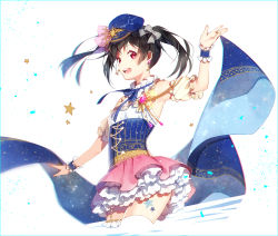 Rule 34 | 1girl, :d, armband, armpits, bad id, bad pixiv id, black hair, blue ribbon, blurry, border, bow, brooch, cancer (constellation), cancer (symbol), confetti, constellation, constellation costume, depth of field, detached sleeves, earrings, frilled shirt collar, frilled skirt, frilled sleeves, frills, garter straps, grey bow, hair bow, hair ornament, hakusai (tiahszld), hat, jewelry, leg tattoo, looking at viewer, love live!, love live! school idol festival, love live! school idol project, neck ribbon, open mouth, print headwear, red eyes, revision, ribbon, ring, skirt, smile, solo, space print, star (symbol), starry sky print, striped neckwear, striped ribbon, tattoo, thighhighs, twintails, white background, white thighhighs, wrist cuffs, wristband, yazawa nico, zettai ryouiki, zodiac