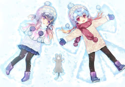 Rule 34 | 1other, 2girls, alternate costume, bad id, bad pixiv id, blue hair, blue skirt, blush, boots, carnelian, cat, gradient hair, hair between eyes, hair ornament, hairclip, kantai collection, long hair, looking at viewer, lying, mittens, multicolored hair, multiple girls, on back, open mouth, pantyhose, pleated skirt, purple eyes, purple hair, red eyes, red hair, sado (kancolle), sidelocks, skirt, snow, star (symbol), star hair ornament, sweater, tsushima (kancolle), woollen cap