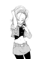Rule 34 | 1girl, android 18, cellphone, dragon ball, dragonball z, fenyon, fixing hair, highres, jacket, messy clothes, messy hair, midriff, navel, official art, phone, selfie, skirt, solo, striped, tagme, taking picture, toriyama akira (style)