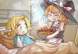 Rule 34 | 2girls, :d, apron, bandaged arm, bandages, bed, black headwear, black skirt, black vest, blonde hair, bow, bowl, braid, broken window, cast, chainsaw, closed eyes, commentary request, cookie (touhou), cowboy shot, drddrddo, flat chest, food, green eyes, grin, hair bow, hat, hat bow, holding, holding bowl, hospital, hospital bed, indoors, joker (cookie), kirisame marisa, long hair, looking at another, meat, medium bangs, mizuhashi parsee, multiple girls, open mouth, parted bangs, pillow, pointy ears, puffy short sleeves, puffy sleeves, red bow, scratches, shirt, short hair, short sleeves, side braid, single braid, skirt, skirt set, smile, soup, star (symbol), suzu (cookie), touhou, v-shaped eyebrows, vest, waist apron, white apron, white bow, white shirt, witch hat
