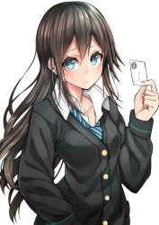 Rule 34 | 10s, 1girl, blue eyes, business card, cardigan, earrings, hand in pocket, highres, idolmaster, idolmaster cinderella girls, jewelry, long hair, mikan (chipstar182), necklace, school uniform, shibuya rin, simple background, solo, white background