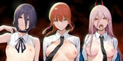 Rule 34 | 3girls, absurdres, breasts, chainsaw man, closed mouth, cum, cum on body, cum on breasts, cum on upper body, fang, female focus, highres, horns, large breasts, looking at viewer, makima (chainsaw man), medium breasts, multiple girls, nipples, open clothes, open mouth, open shirt, power (chainsaw man), reze (chainsaw man), sky-freedom, small breasts, take your pick, teeth, tongue, tongue out, upper body, uvula