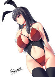 Rule 34 | 1girl, absurdres, animal ears, artist name, black hair, black thighhighs, blush, bow, bowtie, breasts, covered erect nipples, detached collar, fake animal ears, highres, large breasts, leotard, long hair, looking at viewer, mole, mole under mouth, navel, original, parted lips, playboy bunny, rabbit ears, red eyes, sakamata (sakamata4), signature, simple background, solo, strapless, strapless leotard, thighhighs, white background, wrist cuffs