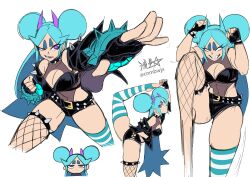 Rule 34 | 1girl, belt, black gloves, black hairband, black jacket, blue hair, blue nails, bracelet, breasts, closed mouth, collar, commentary, covered navel, double bun, evil grin, evil smile, fingerless gloves, fishnets, gloves, grin, hair bun, hairband, highleg, highres, horns, jacket, jewelry, kicking, large breasts, leg lift, leotard, long hair, multiple belts, multiple views, open mouth, original, purple eyes, purple horns, ryuusei (mark ii), shaded face, sharp teeth, shoulder spikes, shrimball (ryuusei (mark ii)), signature, smile, solo, spiked collar, spikes, strapless, strapless leotard, striped clothes, striped thighhighs, sweat, sweatdrop, teeth, thick eyebrows, thigh strap, thighhighs, thighs, twitter username, very long hair, white background, white eyes