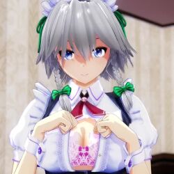 Rule 34 | 1girl, 3d, animated, blue eyes, bra, breasts, cleavage, grey hair, izayoi sakuya, looking at viewer, medium breasts, mofumoko5, open clothes, smile, solo, tagme, touhou, underwear, video