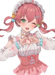 Rule 34 | 1girl, absurdres, blush, breasts, commentary request, cropped torso, detached sleeves, dress, eyelashes, falling petals, green eyes, hair between eyes, hair ornament, hair rings, hanazawa ma, head tilt, heart, heart hands, highres, hololive, looking at viewer, maid headdress, medium breasts, official alternate costume, one eye closed, open mouth, petals, pink dress, pink hair, sakura miko, sakura miko (new year), smile, solo, transparent background, twintails, upper body, virtual youtuber, white dress