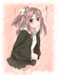 Rule 34 | 1girl, alternate costume, black skirt, brown eyes, collarbone, commentary request, cowboy shot, green jacket, high ponytail, highres, hood, hoodie, jacket, kantai collection, koda (kodadada), light brown hair, long hair, long sleeves, looking at viewer, miniskirt, open clothes, open jacket, pleated skirt, skirt, smile, solo, standing, translation request, white hoodie, zuihou (kancolle)