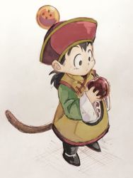 Rule 34 | 1boy, apple, black eyes, black footwear, black hair, brown background, child, chinese clothes, closed mouth, commentary request, dragon ball, dragon ball (object), dragonball z, food, fruit, highres, holding, holding food, holding fruit, long sleeves, looking at object, male focus, mizuame27, monkey boy, monkey tail, red headwear, saiyan, short hair, simple background, solo, son gohan, tail