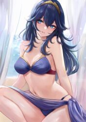 Rule 34 | 1girl, alternate costume, bare arms, bare shoulders, bikini, blue bikini, blue eyes, blue hair, breasts, commentary, fire emblem, fire emblem awakening, head tilt, highres, leonmandala, long hair, looking at viewer, lucina (fire emblem), medium breasts, navel, nintendo, parted lips, sarong, sitting, smile, solo, stomach, swimsuit, thighs, tiara, very long hair
