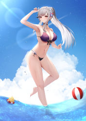 Rule 34 | 1girl, absurdres, arm up, armpits, azur lane, ball, beachball, bikini, black choker, blue sky, braid, breasts, butterfly hair ornament, choker, cleavage, closed mouth, cloud, day, dunkerque (azur lane), dunkerque (summer sucre) (azur lane), earrings, flower, full body, grey hair, hair flower, hair ornament, hairband, highres, innertube, jewelry, large breasts, legs, long hair, looking at viewer, manjuu (azur lane), navel, official alternate costume, outdoors, purple bikini, red eyes, sido (ama r007), sky, solo, stomach, string bikini, sunlight, swim ring, swimsuit, thighs, wading, water