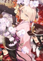 Rule 34 | 1boy, 3girls, ahoge, architecture, arm support, black bow, black hair, bow, cape, cherry blossoms, east asian architecture, eyebrows, fate/grand order, fate (series), hair bow, hayashi kewi, japanese clothes, kimono, koha-ace, light smile, lips, looking at another, looking at viewer, multiple girls, oda nobukatsu (fate), oda nobunaga (fate), oda nobunaga (koha-ace), okita souji (fate), okita souji (koha-ace), open mouth, pink eyes, pink hair, pink kimono, ponytail, shinsengumi, short hair, short kimono, sidelocks, sitting, sleeves past wrists, straight hair, wide sleeves