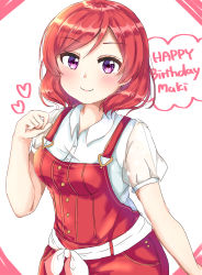 Rule 34 | 1girl, absurdres, blouse, blush, botamochi (user lgs3629), character name, clenched hand, collared shirt, hand up, happy birthday, heart, highres, looking at viewer, love live!, love live! school idol festival, love live! school idol project, nishikino maki, overalls, purple eyes, red hair, red overalls, see-through, see-through sleeves, shirt, short hair, short sleeves, smile, solo, upper body, white shirt