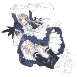 Rule 34 | 00s, 1girl, bloomers, doll joints, joints, maid, pink eyes, rozen maiden, silver hair, solo, suigintou, underwear, white bloomers