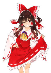 Rule 34 | 1girl, ascot, bow, brown hair, clothes lift, commentary request, detached sleeves, frilled shirt collar, frilled skirt, frills, grin, hair bow, hair tubes, hakurei reimu, highres, long hair, nontraditional miko, one eye closed, red bow, red eyes, red shirt, red skirt, ribbon-trimmed sleeves, ribbon trim, shirt, sidelocks, skirt, skirt lift, sleeveless, sleeveless shirt, smile, solo, touhou, white background, wide sleeves, yamaguchi satoshi