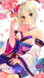 Rule 34 | 10s, 1girl, absurdres, bare shoulders, blush, branch, breasts, brown eyes, cherry blossoms, cleavage, collar, collarbone, detached sleeves, earrings, eyelashes, floral print, folding fan, hair between eyes, hair ornament, hand fan, hand up, head tilt, highres, holding, holding fan, idolmaster, idolmaster cinderella girls, japanese clothes, jewelry, kimono, leaning back, lips, looking at viewer, medium breasts, nail polish, obi, parted lips, pearl earrings, petals, rose print, sash, shiny skin, shiomi syuko, short hair, silver hair, sitting, smile, solo, sparkle, straight hair, tree, wenquangua, white background, white collar, white kimono, wide sleeves