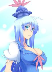 Rule 34 | 1girl, blue eyes, blue hair, breasts, cleavage, eyes visible through hair, female focus, from side, gradient background, hair between eyes, impossible clothes, kamishirasawa keine, large breasts, long hair, looking at viewer, matching hair/eyes, puffy short sleeves, puffy sleeves, ribbon, shirt, short sleeves, solo, tamuhi, touhou, upper body, white shirt