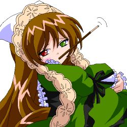 Rule 34 | 00s, food, food in mouth, heterochromia, long hair, lowres, pocky, pocky in mouth, rozen maiden, solo, suiseiseki