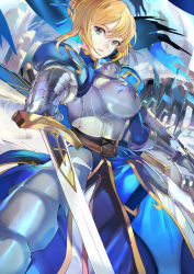 Rule 34 | 119, 1girl, armor, armored dress, artoria pendragon (fate), belt, blonde hair, blue dress, braid, cowboy shot, dress, excalibur (fate/stay night), expressionless, fate/stay night, fate (series), french braid, gloves, green eyes, highres, holding, holding sword, holding weapon, looking at viewer, saber (fate), short hair, solo, sword, weapon