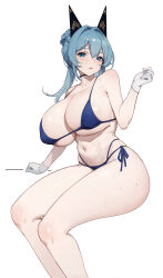 Rule 34 | 1girl, absurdres, bikini, blue bikini, blue eyes, blue hair, braid, breasts, cleavage, feet out of frame, frown, gloves, goddess of victory: nikke, hair between eyes, hair intakes, headgear, helm (aqua marine) (nikke), helm (nikke), highres, huge breasts, light blush, long hair, navel, official alternate costume, panana, parted lips, side-tie bikini bottom, simple background, sitting, solo, swimsuit, white background, white gloves