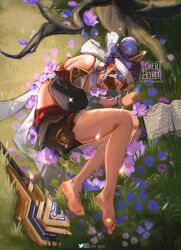 Rule 34 | 1girl, absurdres, barefoot, bikini, bikini top only, black shorts, book, braid, braided bangs, commentary, detached sleeves, english commentary, feet, flower, from side, genshin impact, grass, headband, highres, instagram logo, jeht (genshin impact), legs, lying, medium hair, multi-tied hair, on side, open book, purple flower, purple hair, red blindfold, ryrmcher, shorts, smile, soles, solo, swimsuit, toes, twintails, twitter logo, white bikini, white headband