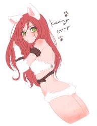 Rule 34 | 1girl, animal ears, ass, back, bare back, bare shoulders, belt, blush, breasts, cat ears, cowboy shot, flat ass, green eyes, hair between eyes, hand in own hair, katarina (league of legends), kitty cat katarina, league of legends, long hair, looking down, otani (kota12ro08), paw print, pun, red hair, scar, simple background, solo, strapless, thighs, twitter username