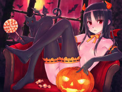 Rule 34 | 1girl, bat (animal), bat wings, black cat, black gloves, black hair, black thighhighs, blush, breasts, candy, cat, elbow gloves, feet, food, gloves, halloween, horns, jack-o&#039;-lantern, lollipop, long hair, looking at viewer, nipples, no shoes, nude, original, pussy, red eyes, shimano natsume, small breasts, solo, thighhighs, uncensored, window, wings