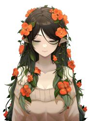 Rule 34 | 1girl, absurdres, black hair, breasts, brown sweater, character request, cleavage, closed eyes, closed mouth, collarbone, commission, flower, green scales, hair flower, hair ornament, highres, indie virtual youtuber, long hair, long sleeves, medium breasts, orange flower, plant, pointy ears, reptile girl, simple background, solo, sweater, upper body, vines, virtual youtuber, white background, yn 6262