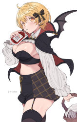 Rule 34 | 1girl, ahoge, basket, bat wings, black bow, black cape, black garter straps, black thighhighs, blonde hair, blood, blood bag, blush, bow, braid, breasts, cape, cleavage, drinking straw, earrings, garter straps, hair bow, hair ornament, hairclip, heart, heart-shaped pupils, heart earrings, highres, hololive, jewelry, large breasts, long sleeves, looking at viewer, midriff, nail polish, navel, pink nails, severed hand, short hair, simple background, skindentation, skirt, solo, symbol-shaped pupils, thighhighs, vampire, vinhnyu, virtual youtuber, white background, wings, yellow eyes, yozora mel, zettai ryouiki