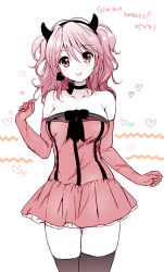 Rule 34 | 1girl, :p, akina tsukako, bare shoulders, blush, breasts, cheria barnes, choker, demon horns, dress, elbow gloves, emoticon, english text, fake horns, female focus, gloves, hairband, halloween, heart, horns, long hair, monochrome, namco, pink dress, skirt, solo, strapless, strapless dress, tales of (series), tales of graces, thighhighs, tongue, tongue out